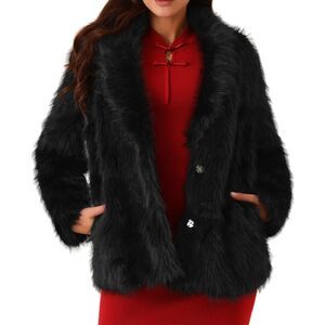 Pockets Lapel Shaggy Warm Winter Overcoat Fluffy Jackets Black